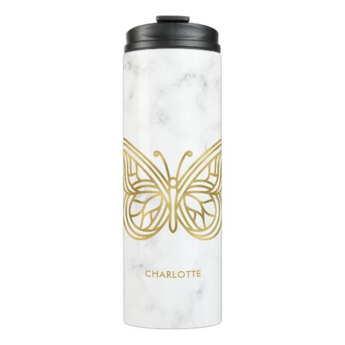 White Marble and Gold Geometric Butterfly Throw Pi Thermal Tumbler