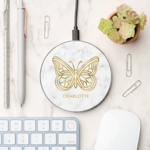 White Marble and Gold Geometric Butterfly Wireless Charger