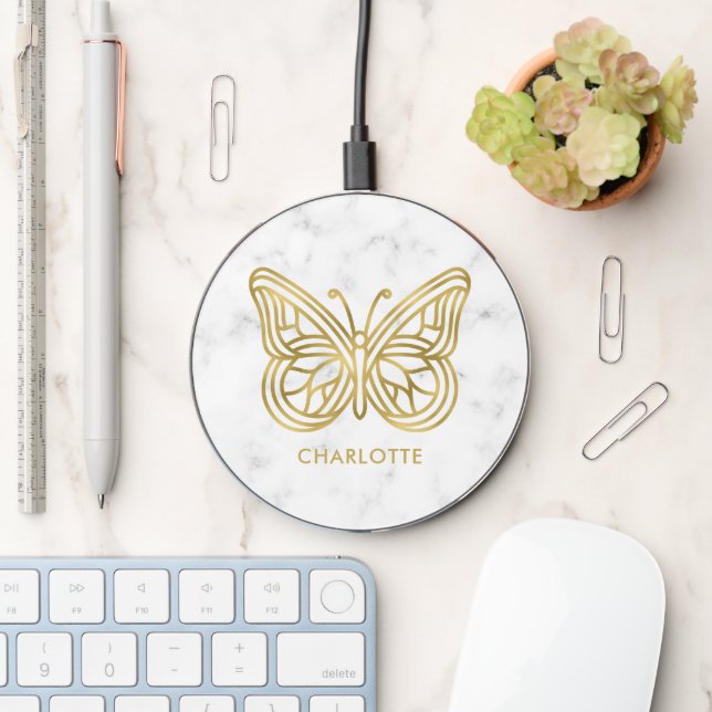 White Marble and Gold Geometric Butterfly Wireless Charger (Desk)