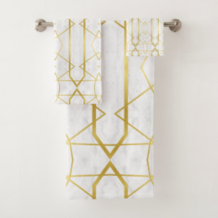 White Marble and Gold Geometric pattern Bath Towel Set