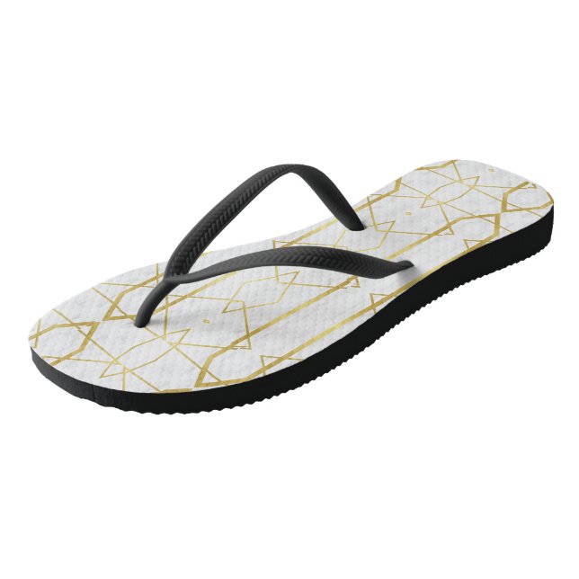 White Marble and Gold Geometric pattern Flip Flops (Angled)