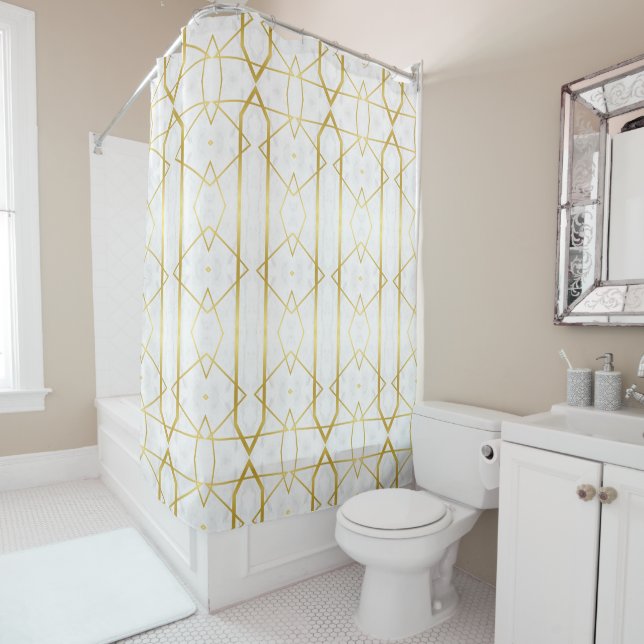 White Marble and Gold Geometric pattern Shower Curtain (In Situ)
