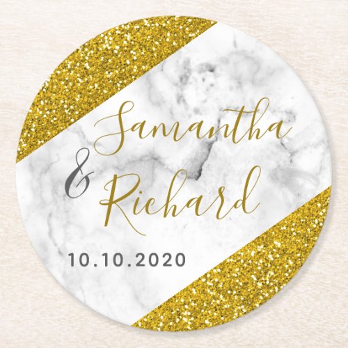 White Marble And Gold Glitter Wedding Round Paper Coaster