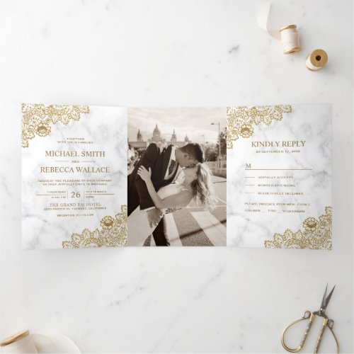 White Marble and Gold Lace Wedding Photo Tri_Fold Invitation