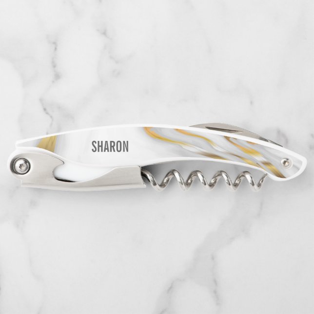 White Marble And Gold Waiter's Corkscrew (Front)
