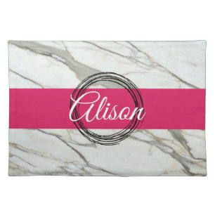 White marble and pink fuchsia custom name girly  cloth placemat