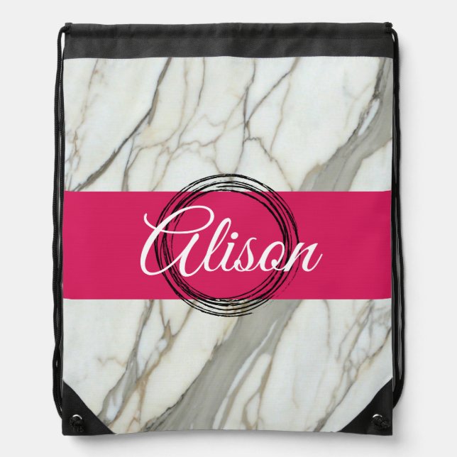 White marble and pink fuchsia custom name girly drawstring bag (Front)