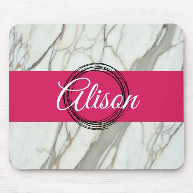 White marble and pink fuchsia custom name girly mouse pad (Front)