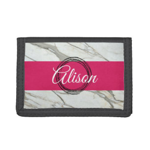 White marble and pink fuchsia custom name girly trifold wallet