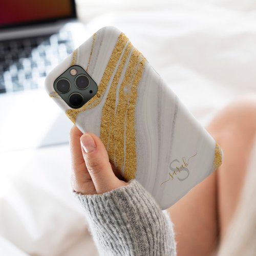 White Marble and Printed Gold Glitter iPhone 15 Case