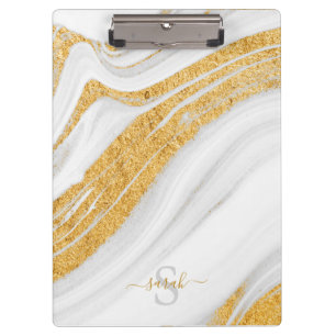 White Marble and Printed Gold Glitter Clipboard