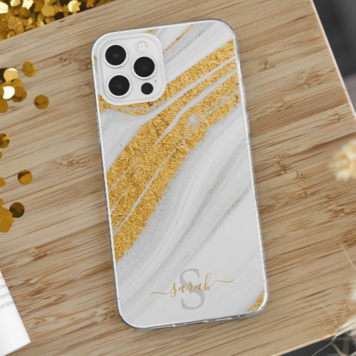 White Marble and Printed Gold Glitter OtterBox iPhone 14 Pro Case