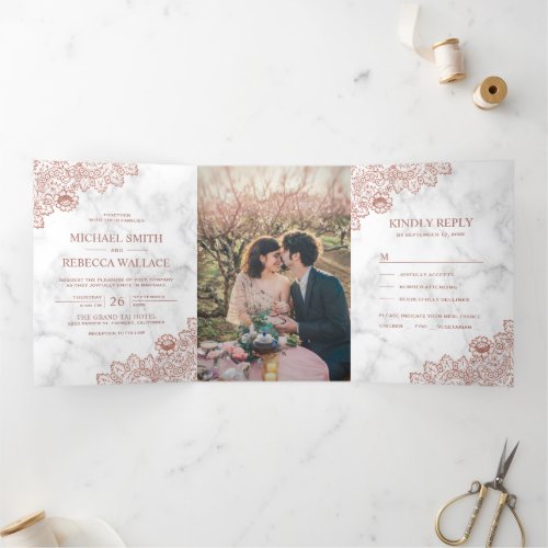 White Marble and Rose Gold Lace Wedding Photo Tri_Fold Invitation