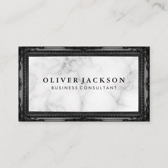 White Marble Antique Black Frame Business Card (Front)