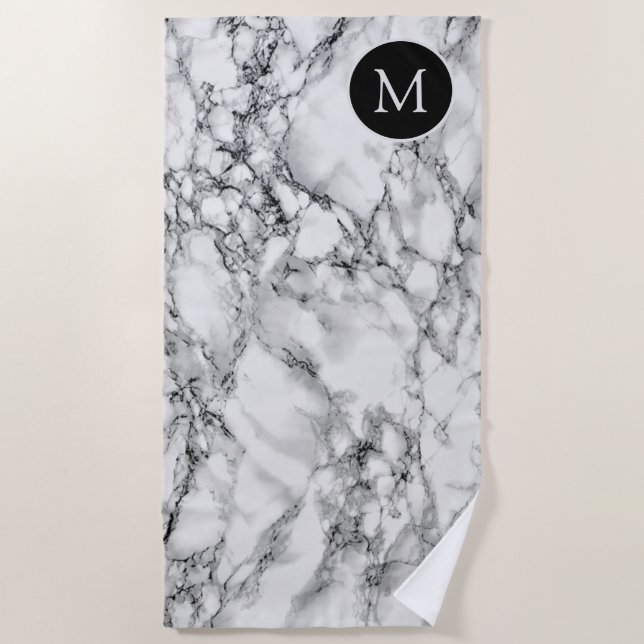 White Marble Beach Towel with Custom Letter (Front)