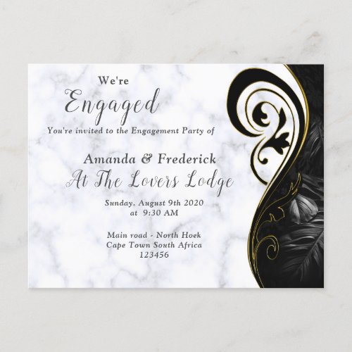 White Marble _ Black Abstract Engagement Invitation Postcard