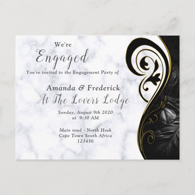 White Marble - Black Abstract Engagement Invitation Postcard (Front)