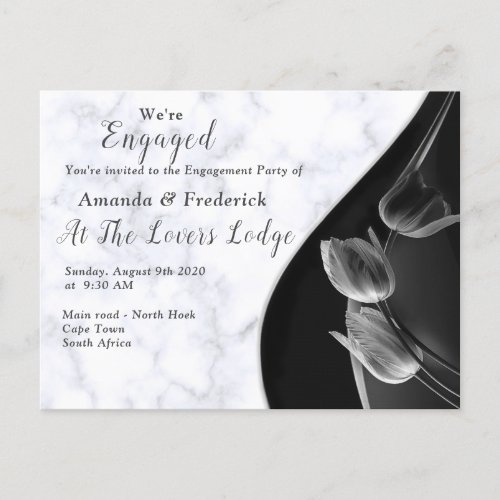 White Marble _ Black Abstract Tulips Engagement Invitation Postcard