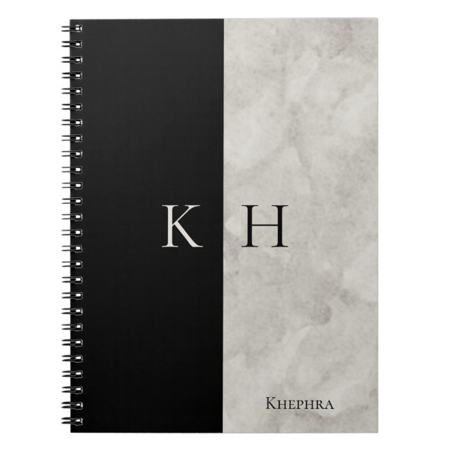 White Marble Black Accent Monogram Name Notebook (Front)