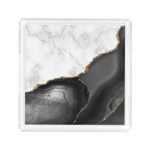 White Marble Black Agate Gold Faux Glitter Acrylic Tray