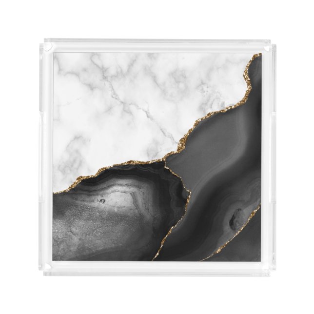 White Marble Black Agate Gold Faux Glitter Acrylic Tray (Front)