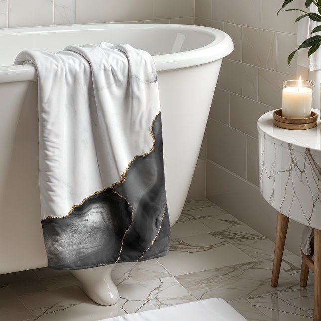 White Marble Black Agate Gold Glitter Bath Towel (Creator Uploaded)