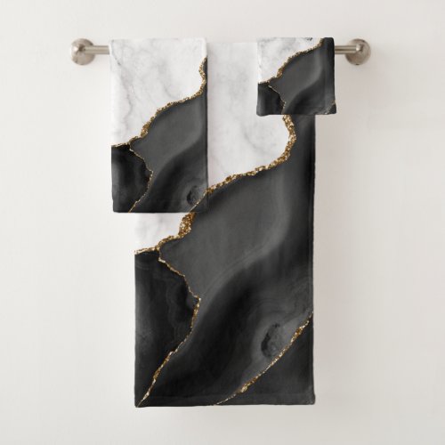 White Marble Black Agate Gold Glitter Bath Towel Set