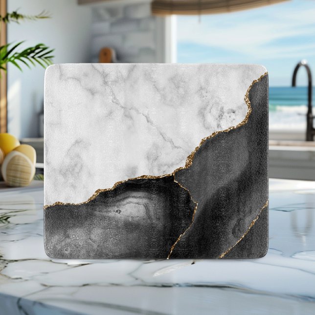 White Marble Black Agate Gold Glitter Cutting Board (Creator Uploaded)