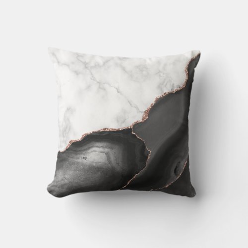White Marble Black Agate Rose Gold Faux Glitter Outdoor Pillow