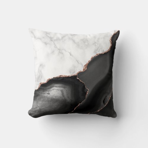 White Marble Black Agate Rose Gold Faux Glitter Throw Pillow