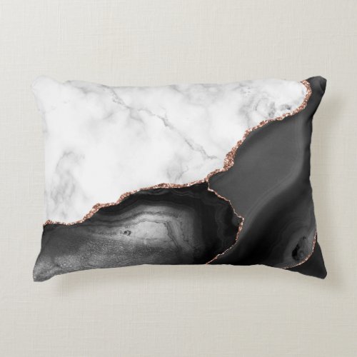 White Marble Black Agate Rose Gold Glitter Accent Pillow