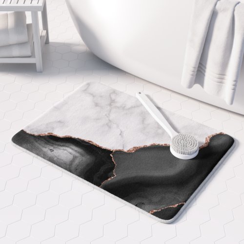 White Marble Black Agate Rose Gold Glitter Bath Mat