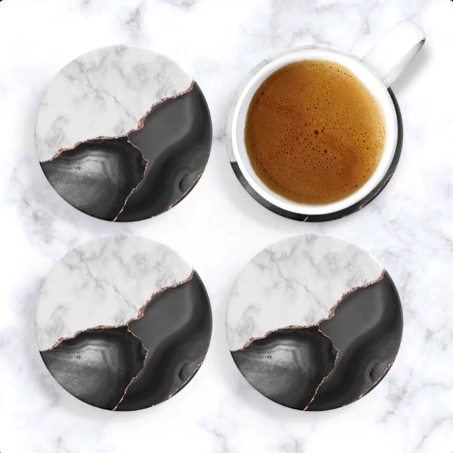White Marble Black Agate Rose Gold Glitter Coaster (Creator Uploaded)