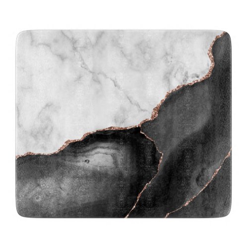 White Marble Black Agate Rose Gold Glitter Cutting Board