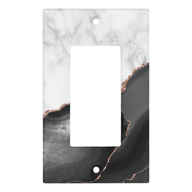 White Marble Black Agate Rose Gold Glitter Light Switch Cover (Front)
