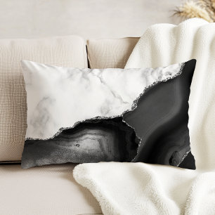 White Marble Black Agate Silver Glitter Accent Pillow