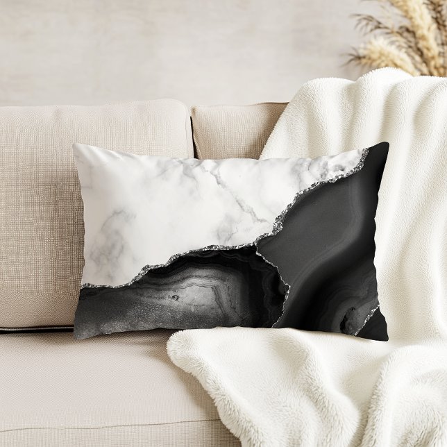 White Marble Black Agate Silver Glitter Accent Pillow (Creator Uploaded)