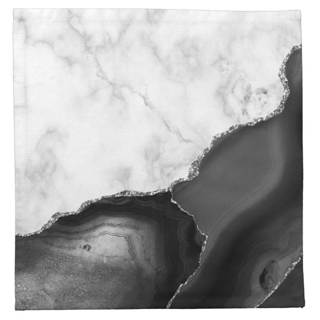 White Marble Black Agate Silver Glitter Cloth Napkin (Front)