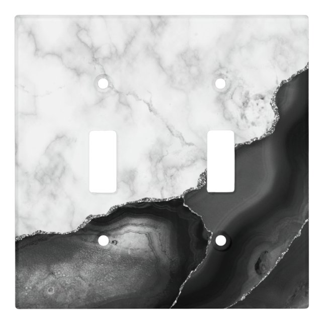 White Marble Black Agate Silver Glitter Light Switch Cover (Front)