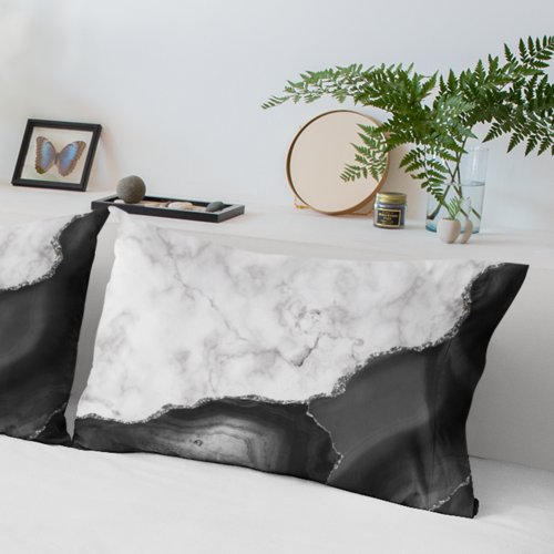 White Marble Black Agate Silver Glitter Pillow Case