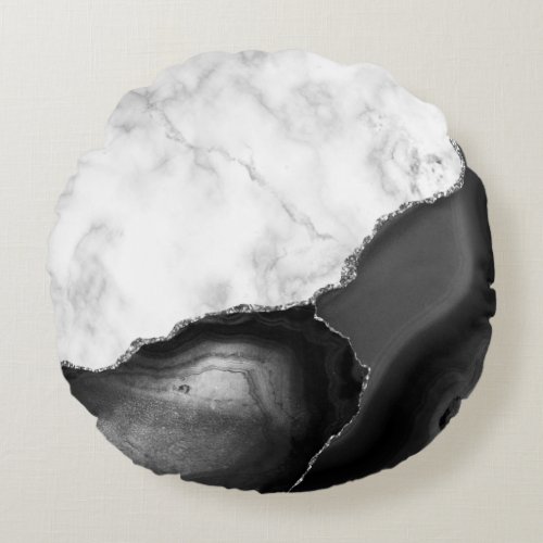 White Marble Black Agate Silver Glitter Round Pillow