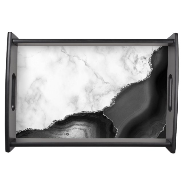 White Marble Black Agate Silver Glitter Serving Tray (Front)