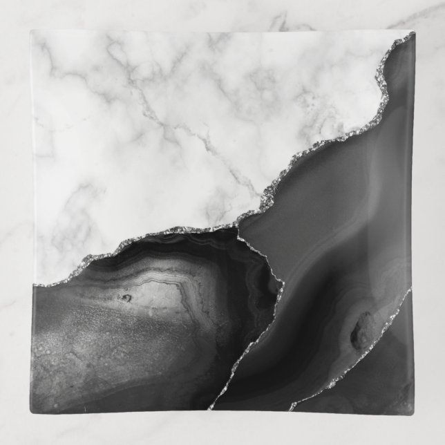 White Marble Black Agate Silver Trinket Tray (Front)