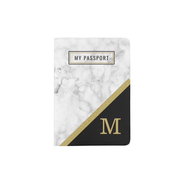 White Marble,Black and Gold Monogram Passport Holder (Front)