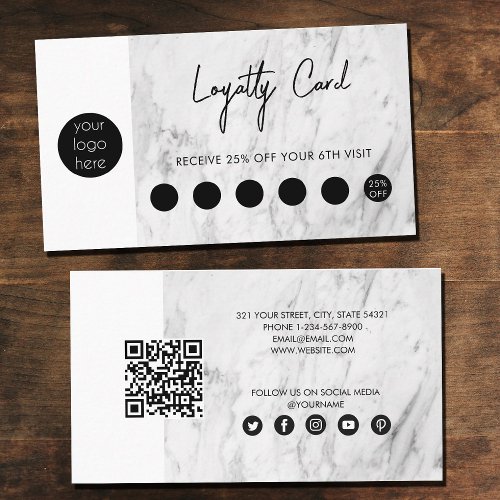 White Marble Black Business Logo QR Code Loyalty  Business Card