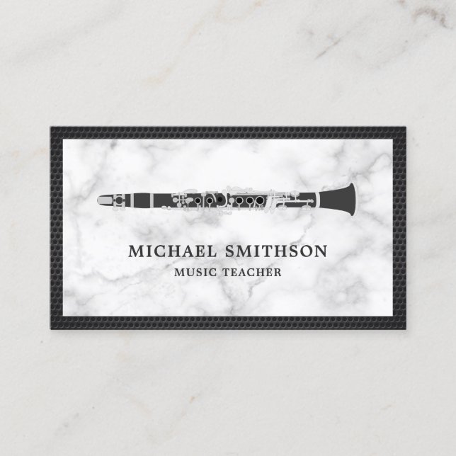 White Marble Black Clarinet Music Teacher Business Card (Front)