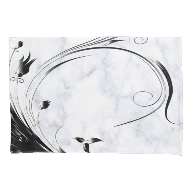 White Marble, Black Filigree Graphic Pillow Case (Front)