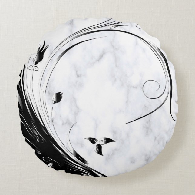 White Marble, Black Filigree Graphic Round Pillow (Front)