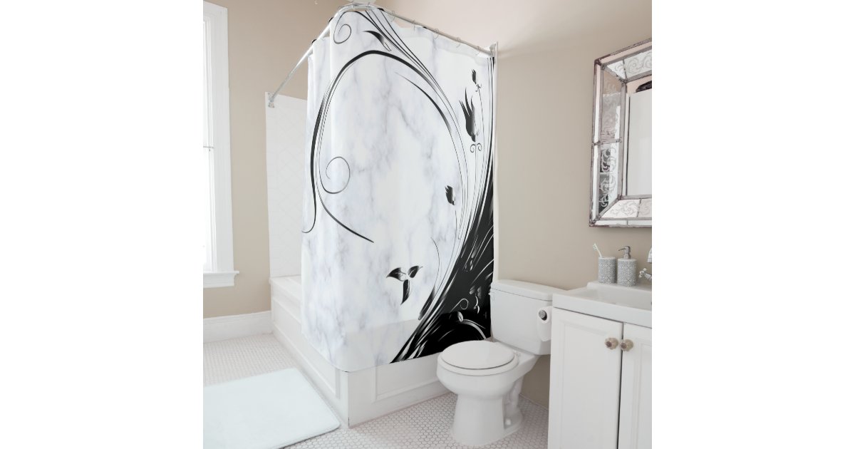 White Marble, Black Filigree Graphic Shower Curtain Zazzle
