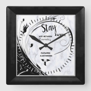 White Marble, Black Filigree Graphic Square Wall Clock